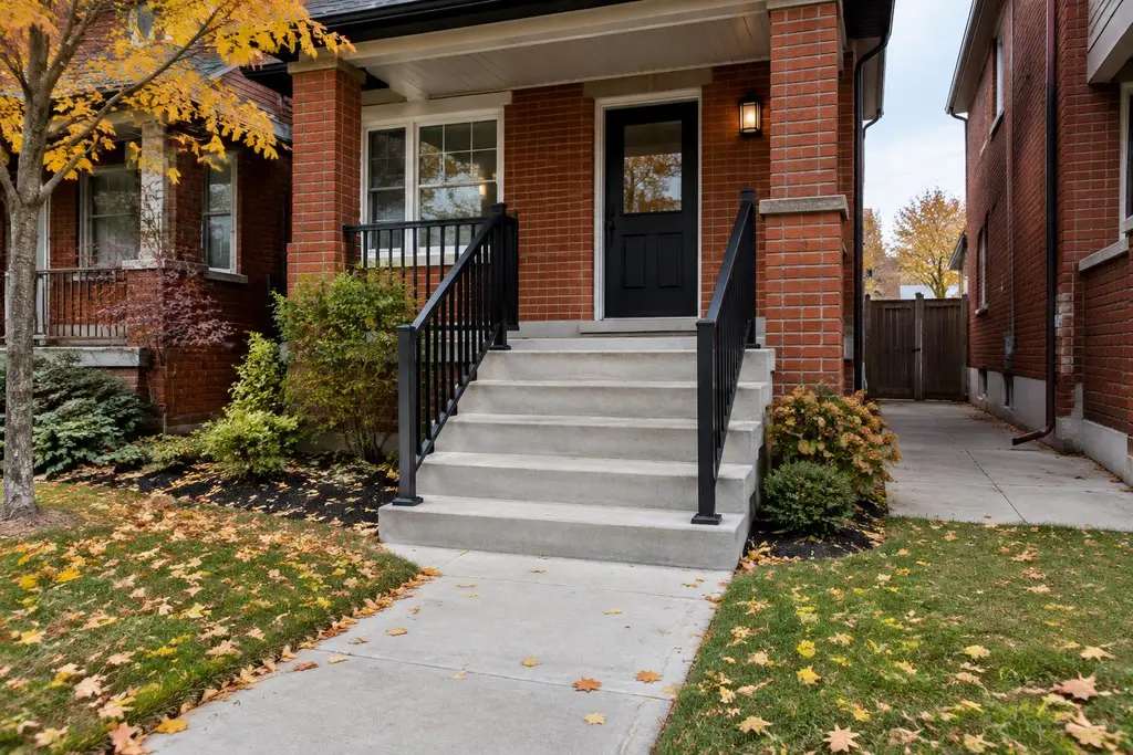 New poured concrete front steps with black metal railings at a Toronto brick home