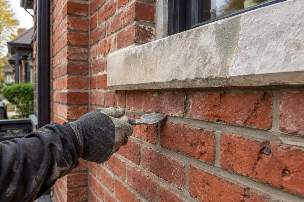 A gloved hand repointing mortar joints on old red brick below a limestone sill
