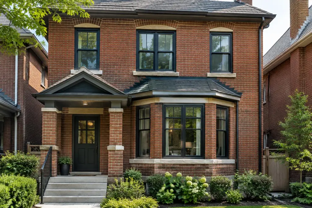 Black-framed casement and double-hung windows on a Toronto Edwardian brick house